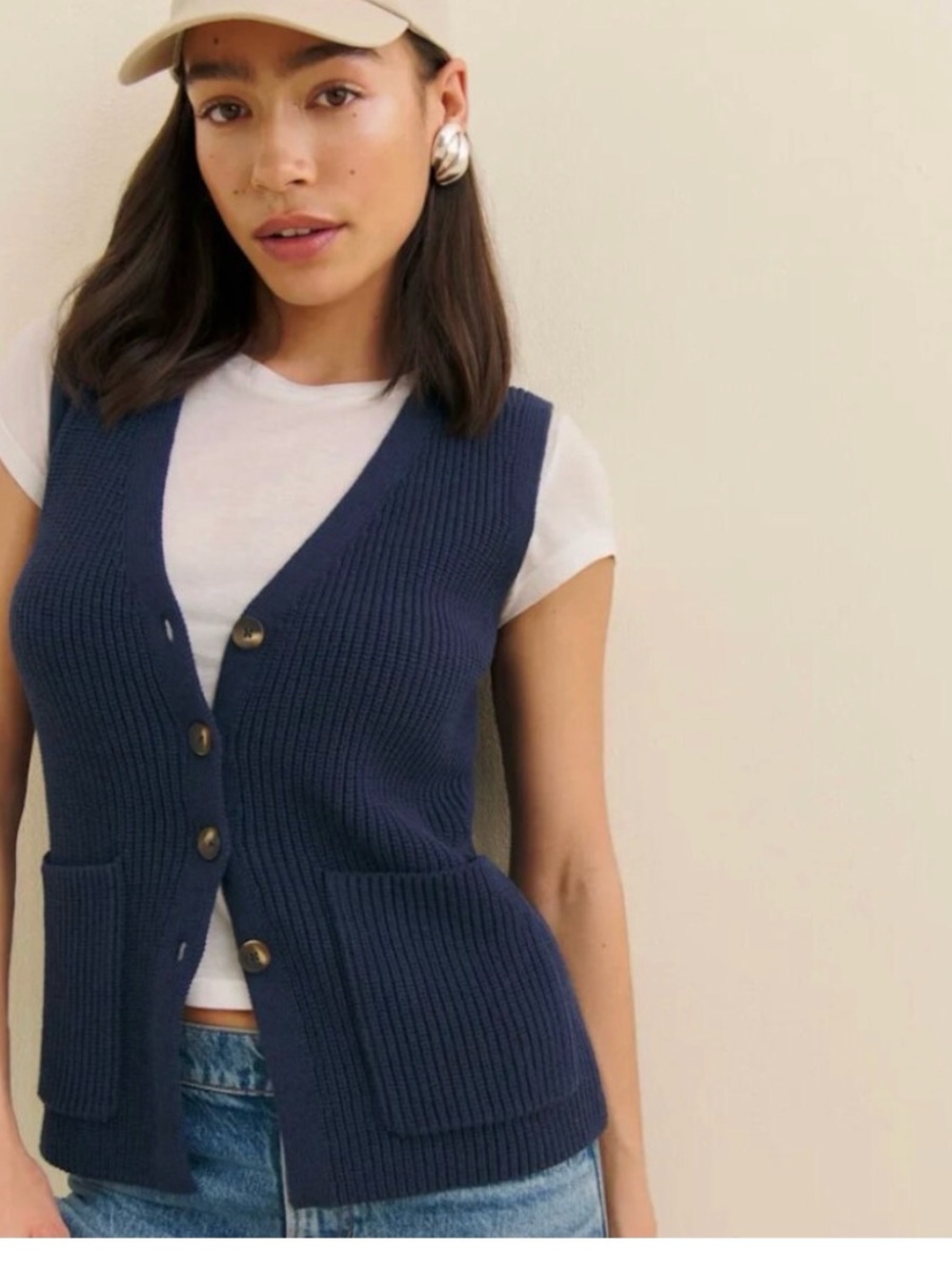 Reformation Faye Sweater Vest Navy Blue Size Small